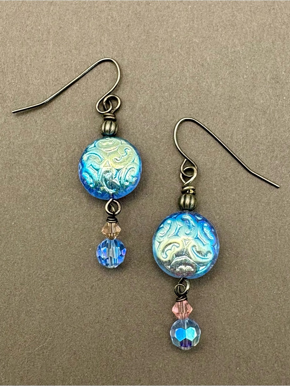 Blue Iridescent Czech Glass and Swarovski Crystal Dangle Earrings